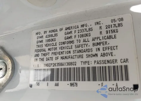 2008 Honda Accord 2.4 Lx from USA, damaged, VIN 1HGCP26358A136802